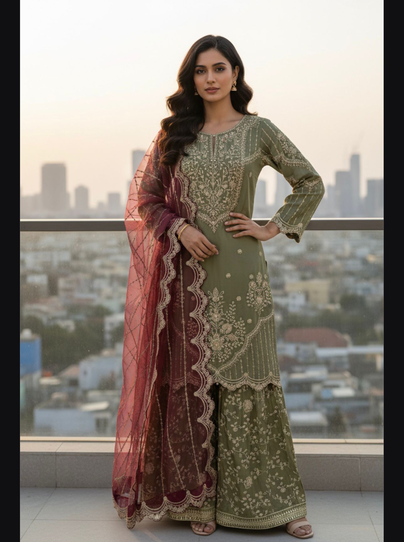 Embroidery Chiffon Kurti/Embrodery silk Gharara with Embroidery Chiffon Dupatta