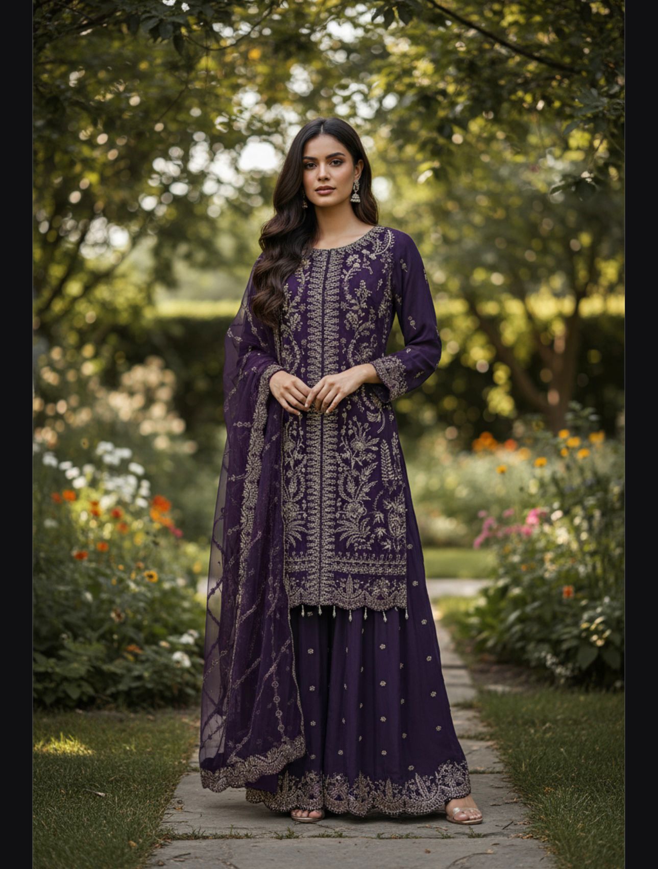 Embroidery Chiffon Kurti/Embrodery Raw silk Sharara with Embroidery Chiffon Dupatta