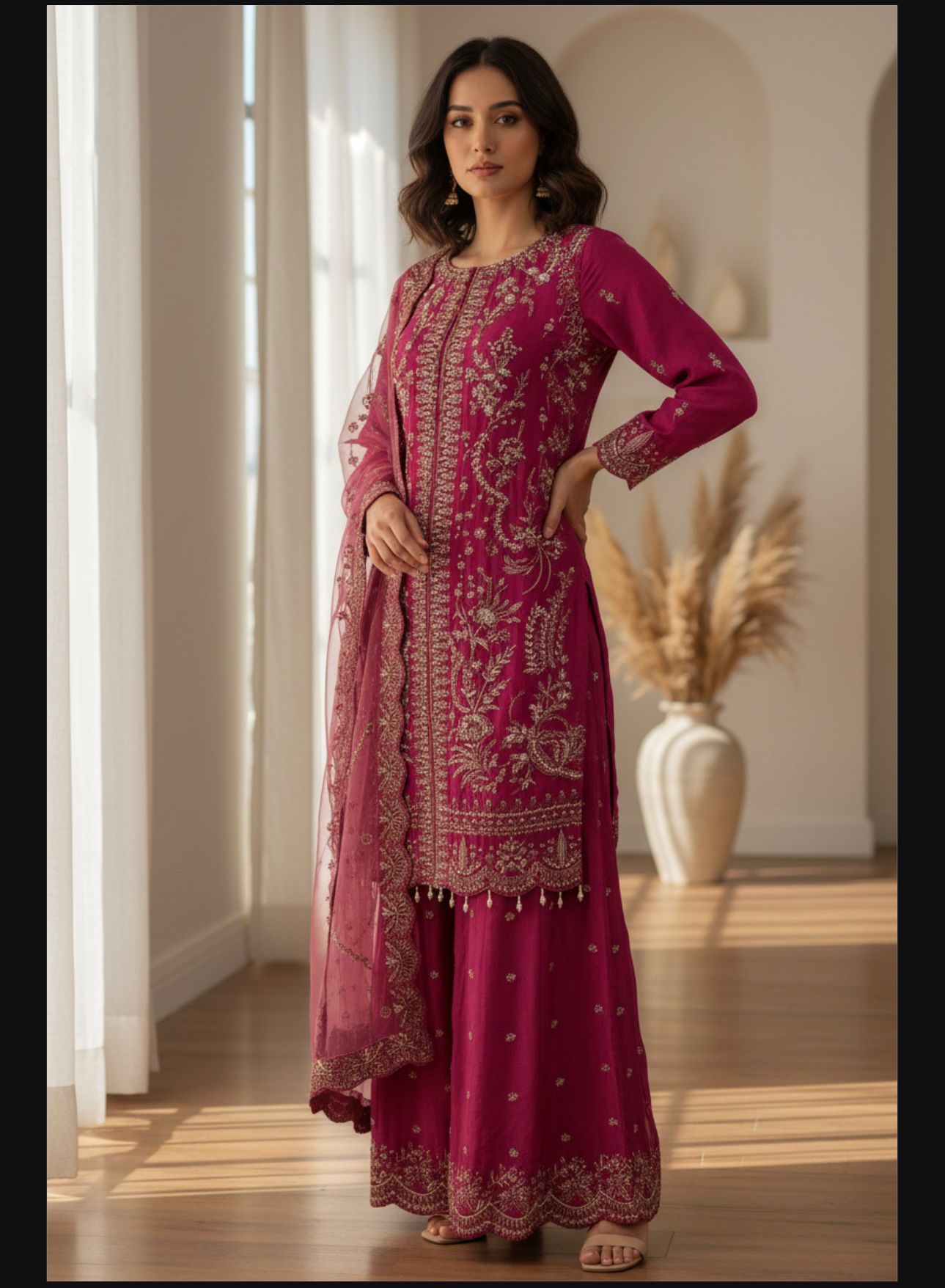 Embroidery Chiffon Kurti/Embrodery Raw silk Sharara with Embroidery Chiffon Dupatta