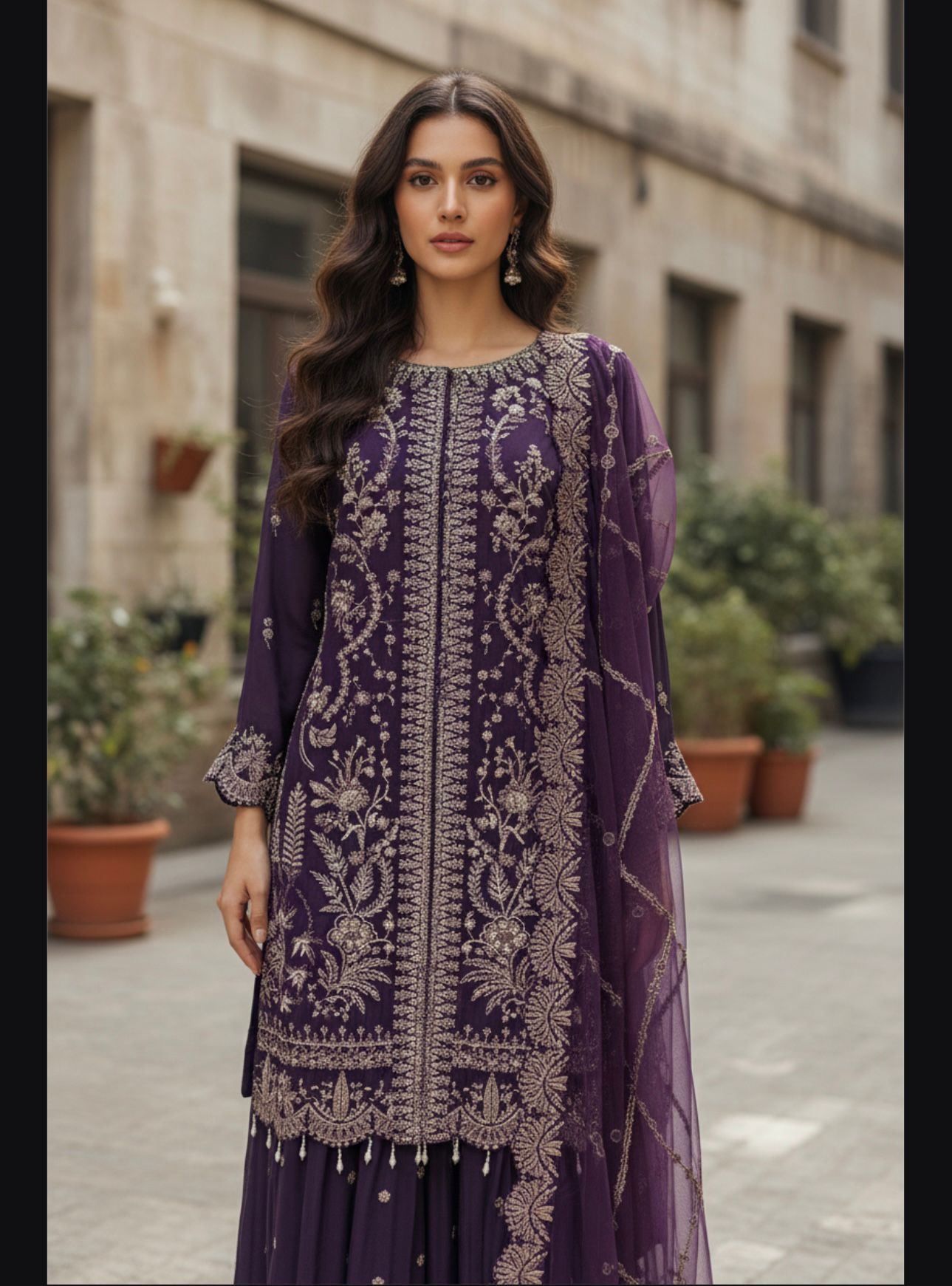 Embroidery Chiffon Kurti/Embrodery Raw silk Sharara with Embroidery Chiffon Dupatta