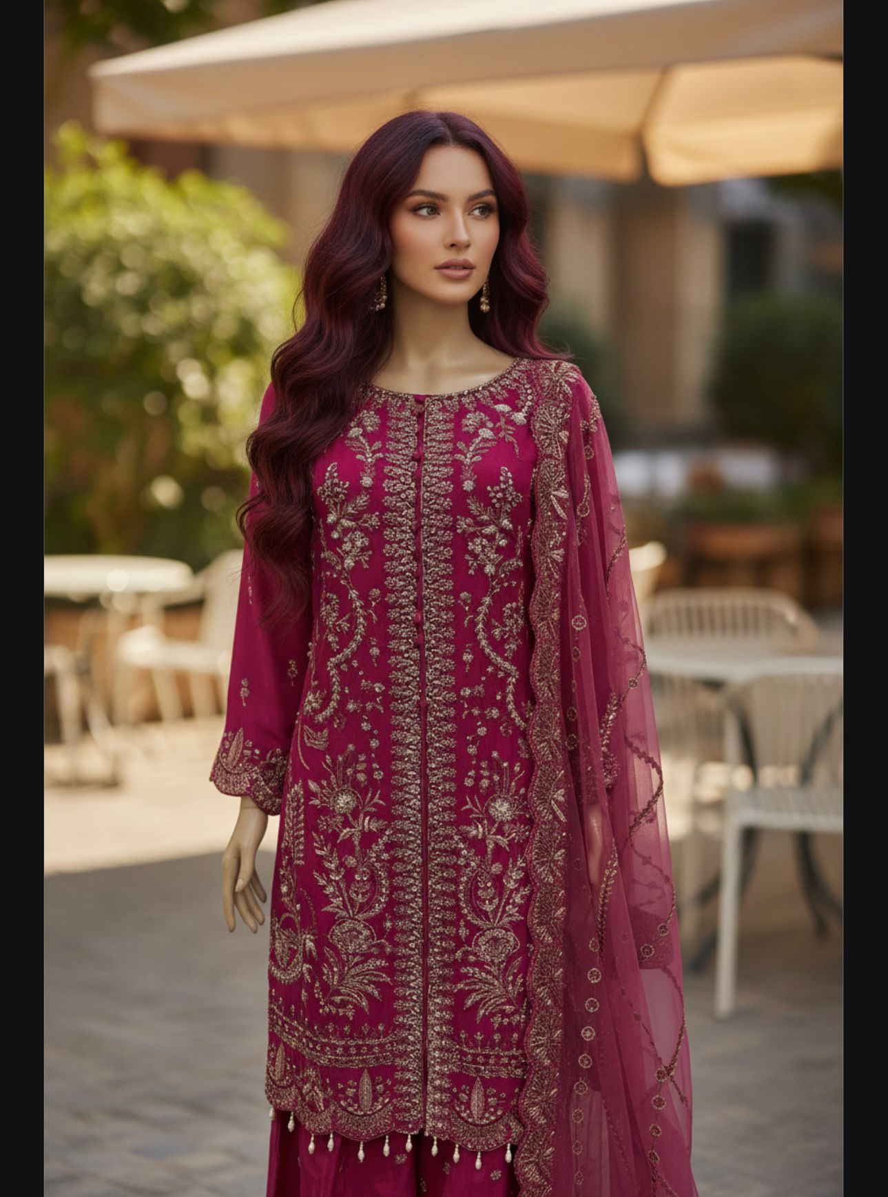 Embroidery Chiffon Kurti/Embrodery Raw silk Sharara with Embroidery Chiffon Dupatta