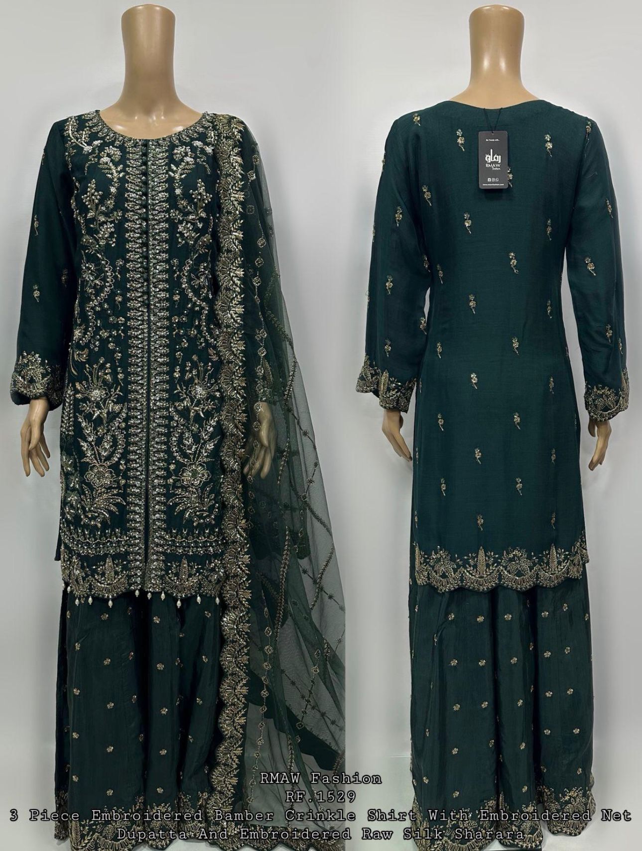 Embroidery Chiffon Kurti/Embrodery Raw silk Sharara with Embroidery Chiffon Dupatta