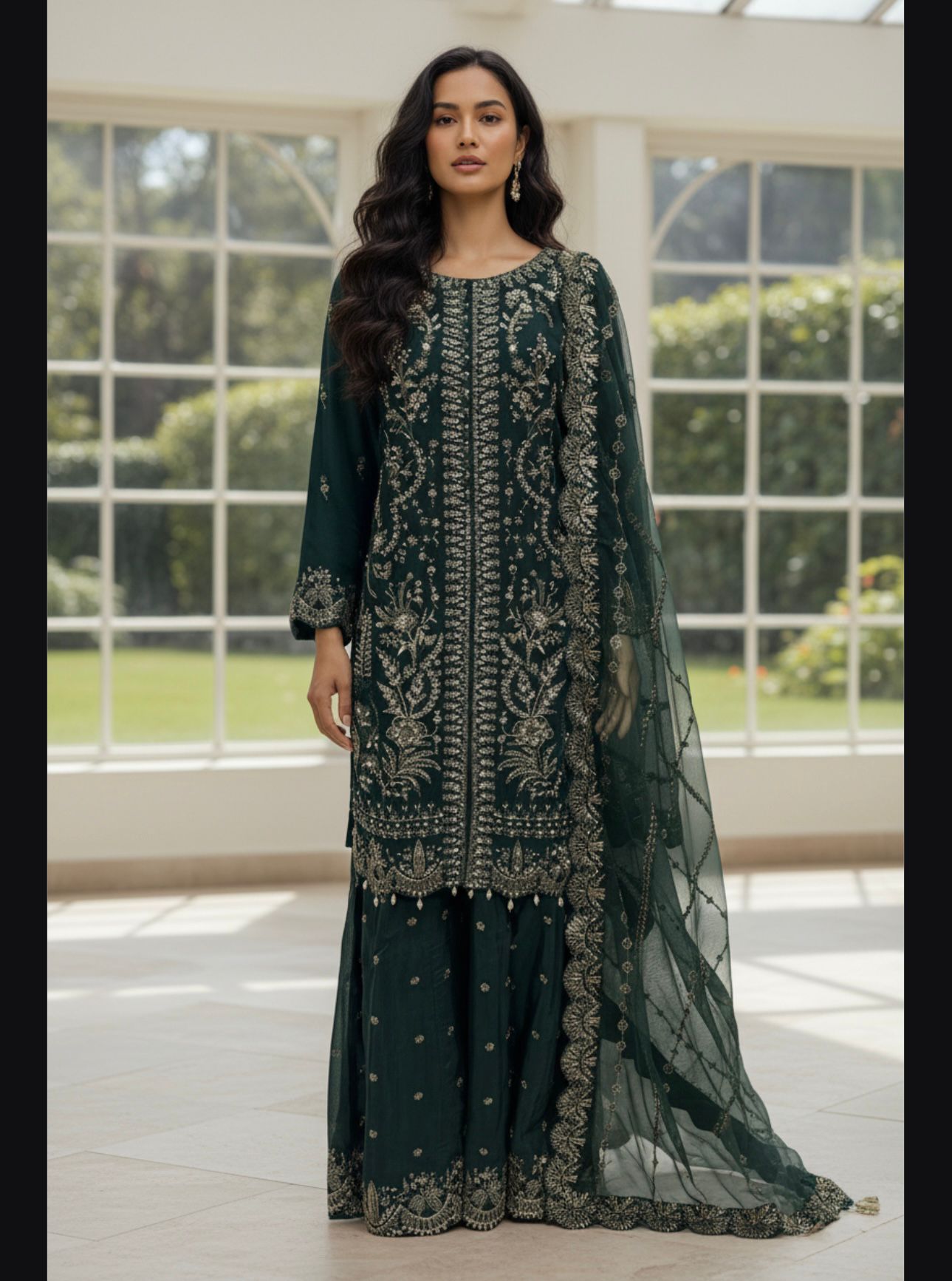 Embroidery Chiffon Kurti/Embrodery Raw silk Sharara with Embroidery Chiffon Dupatta