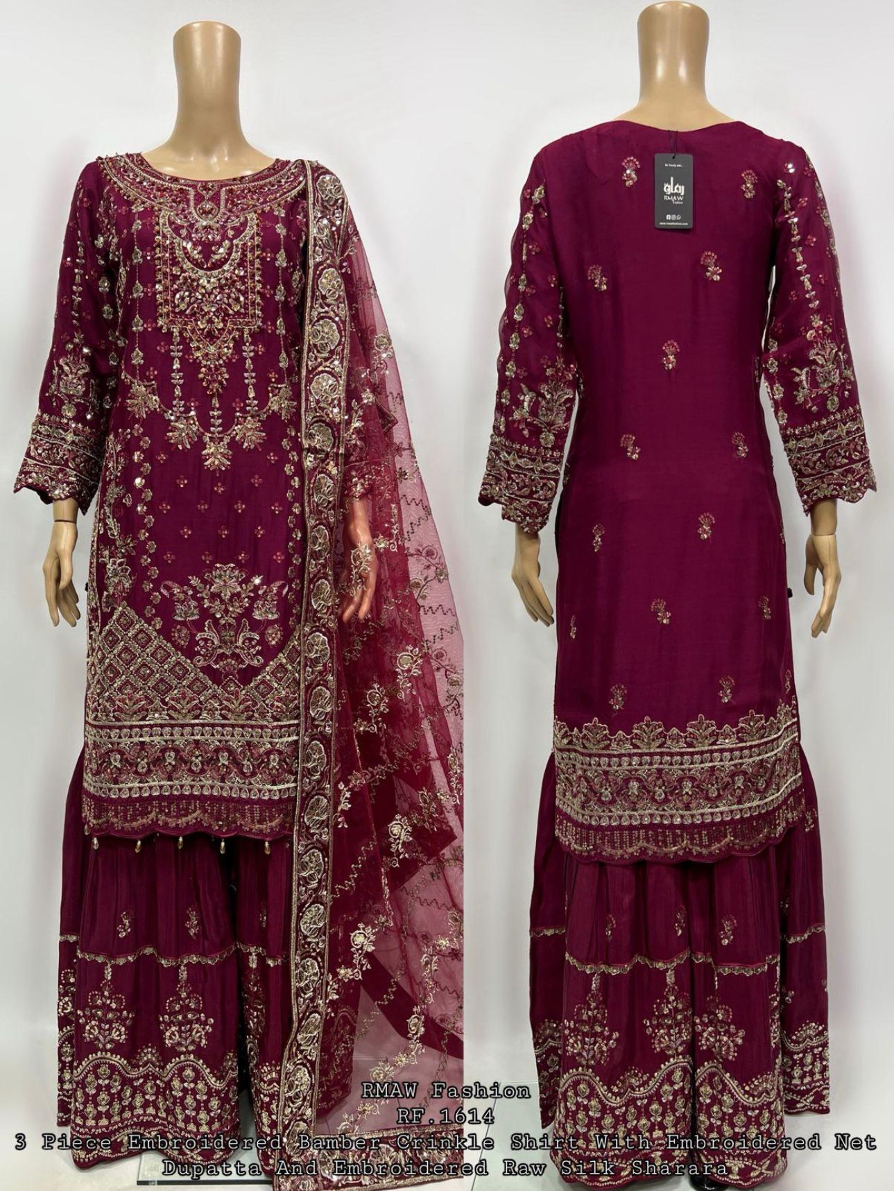 Embroidery Chiffon Kurti/Embrodery Raw silk Sharara with Embroidery Chiffon Dupatta