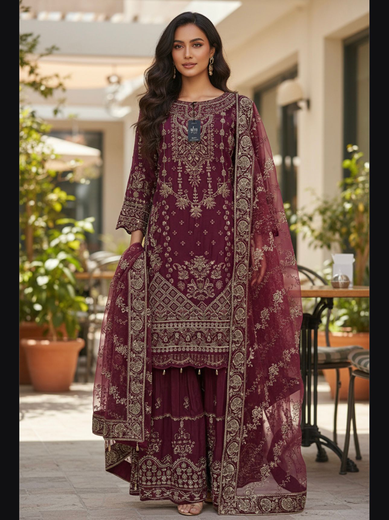 Embroidery Chiffon Kurti/Embrodery Raw silk Sharara with Embroidery Chiffon Dupatta