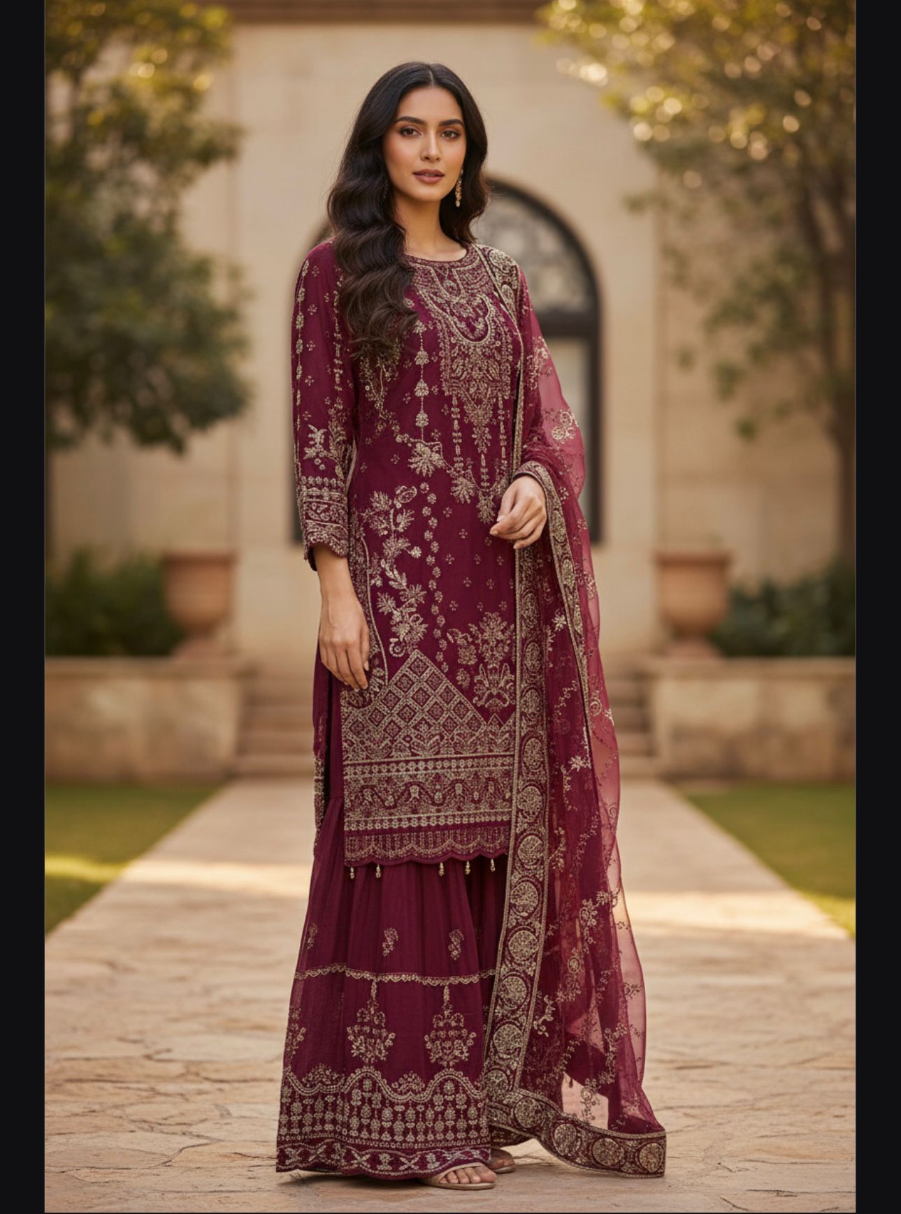Embroidery Chiffon Kurti/Embrodery Raw silk Sharara with Embroidery Chiffon Dupatta