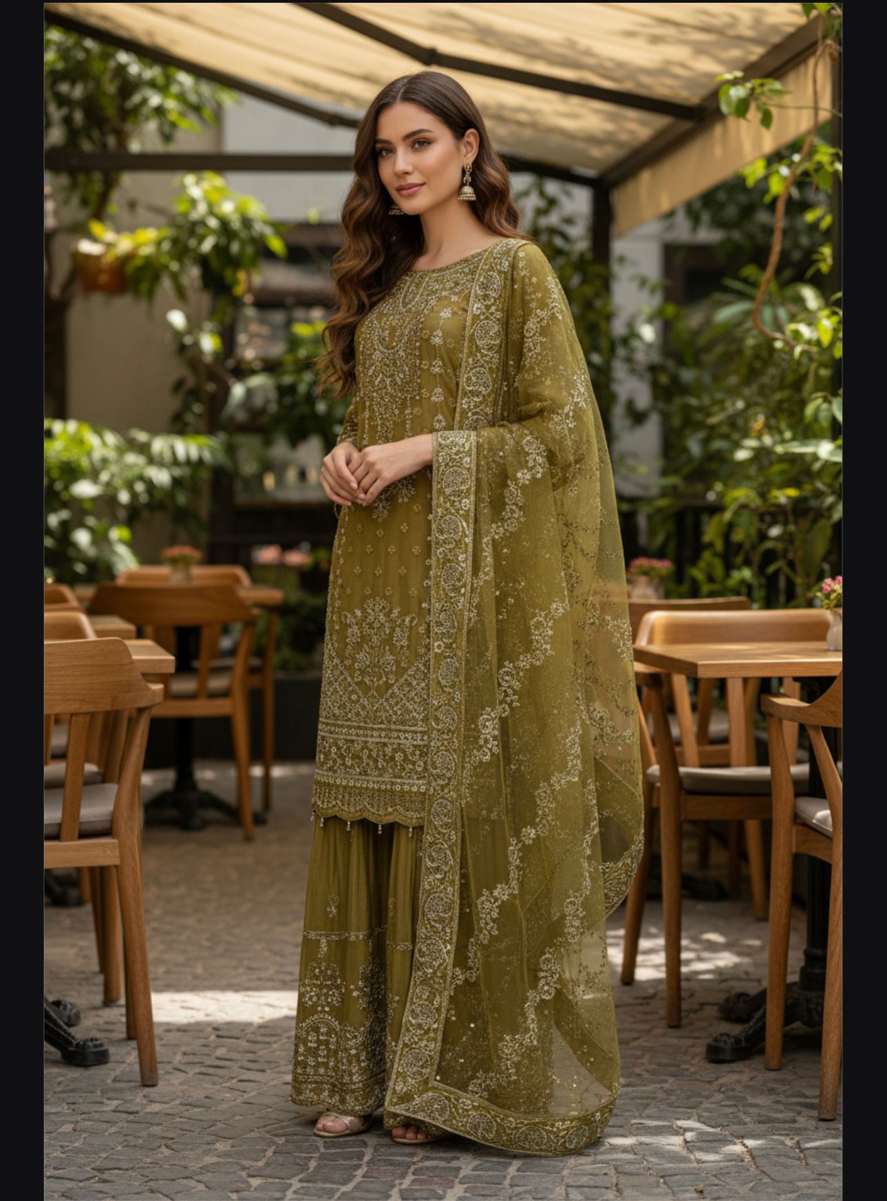 Embroidery Chiffon Kurti/Embrodery Raw silk Sharara with Embroidery Chiffon Dupatta