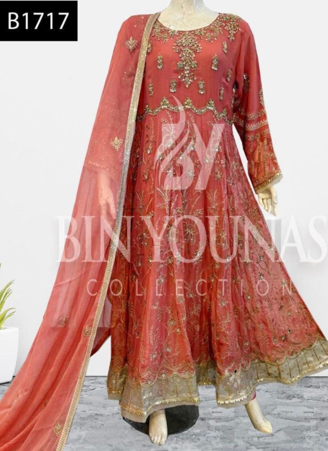 Embroidery chiffon gown/Embroidery chiffon dupatta with trousers
