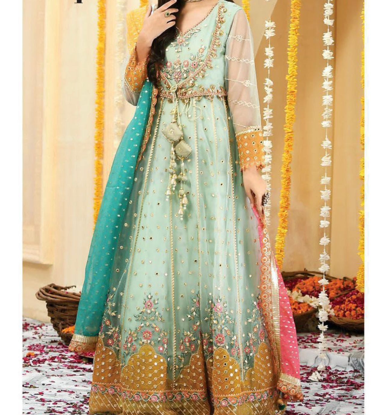 Embroidery net gown/contrast Embroidery net dupatta with trousers