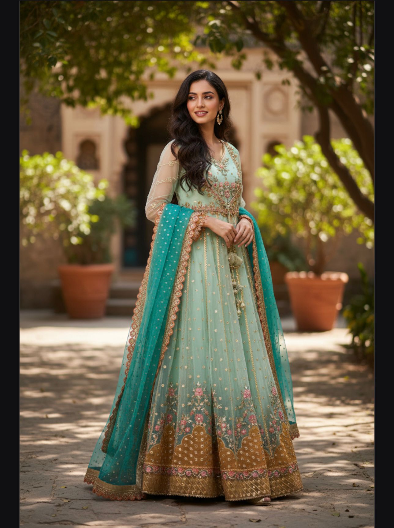 Embroidery net gown/contrast Embroidery net dupatta with trousers