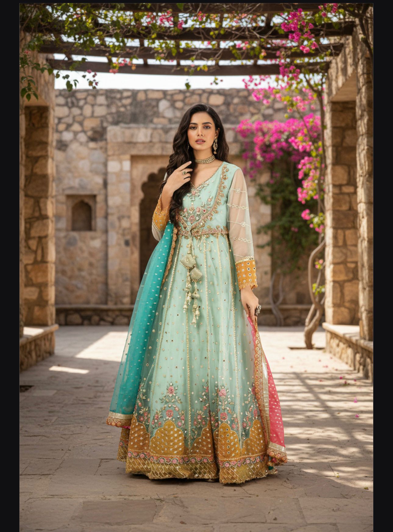 Embroidery net gown/contrast Embroidery net dupatta with trousers