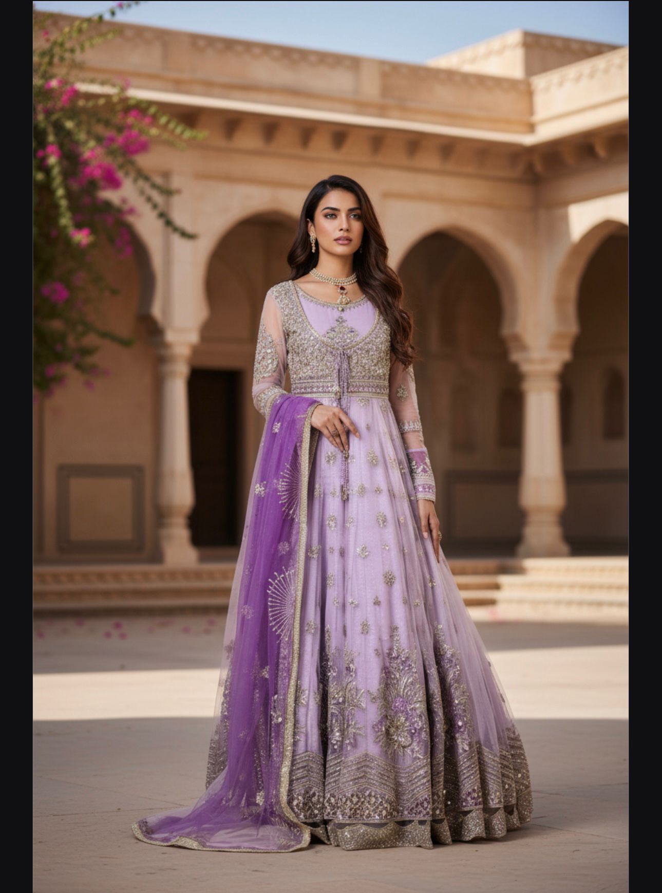 Embroidery net gown/separate vest/contrast Embroidery net dupatta with trousers