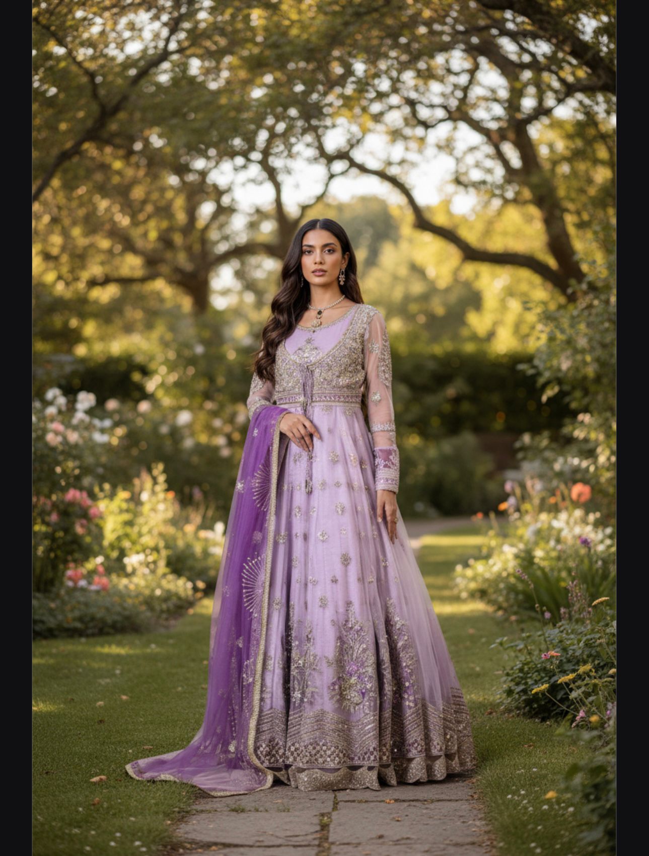 Embroidery net gown/separate vest/contrast Embroidery net dupatta with trousers