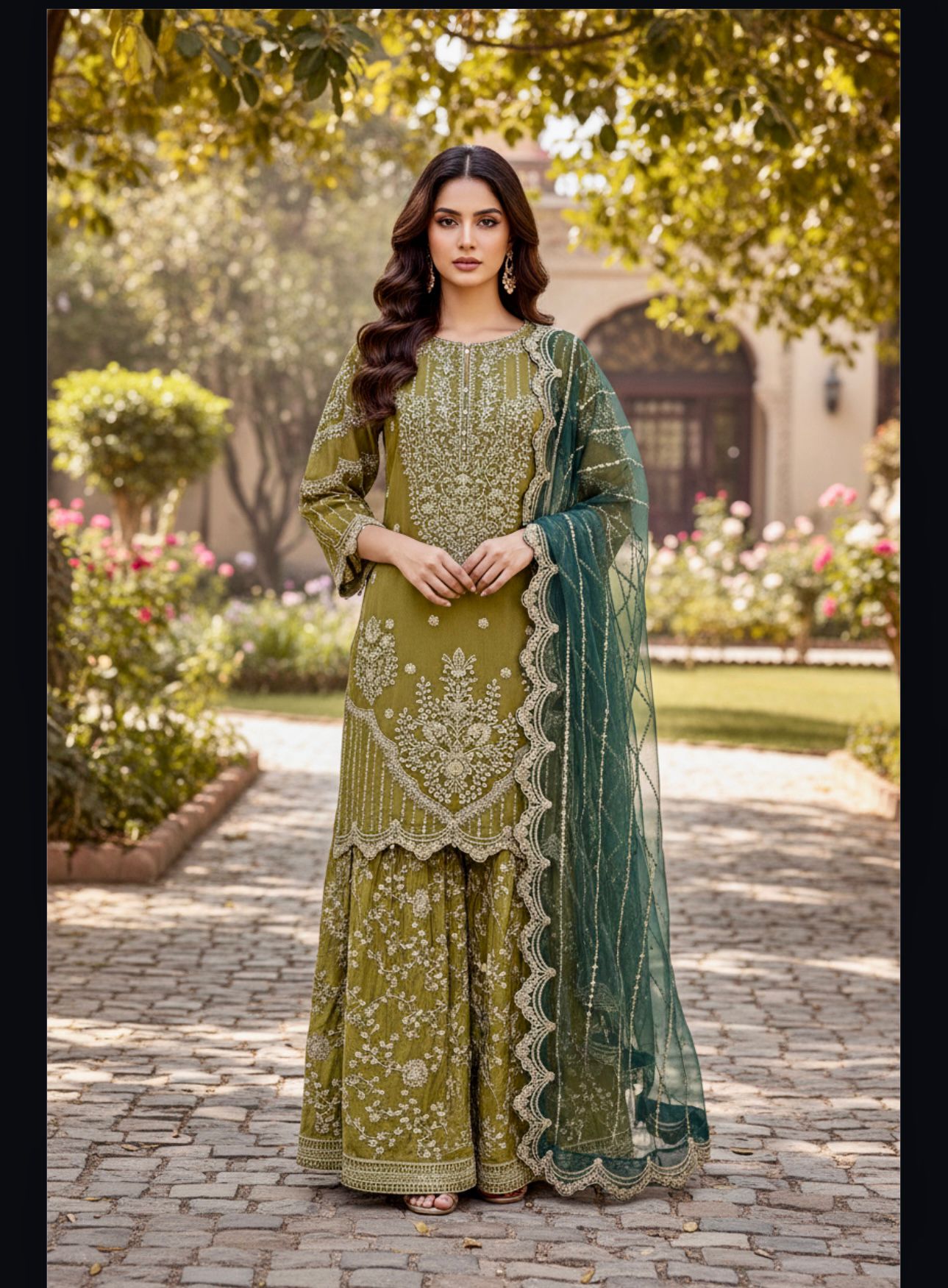 Embroidery Chiffon Kurti/Embrodery silk Gharara with Embroidery Chiffon Dupatta