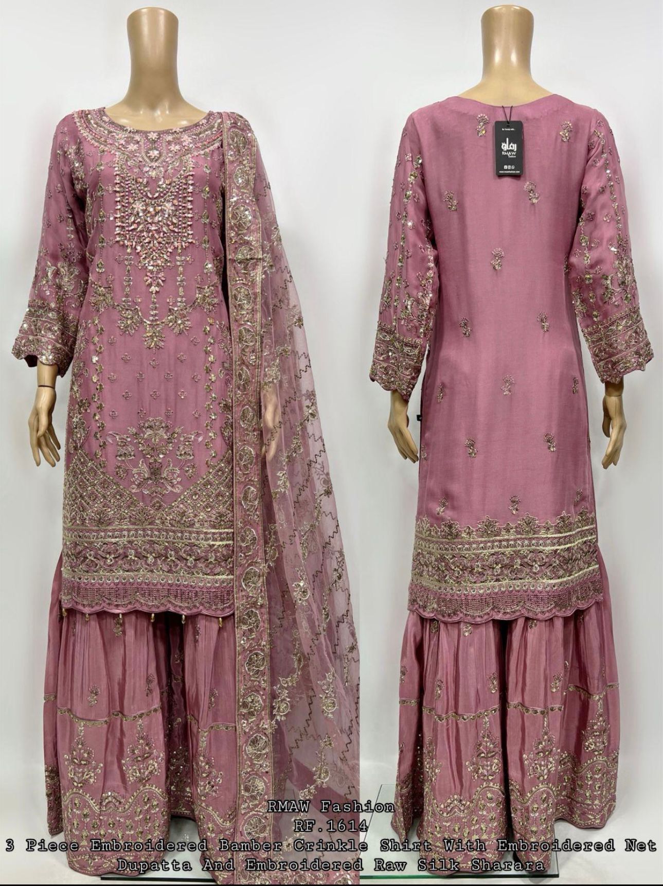 Embroidery Chiffon Kurti/Embrodery Raw silk Sharara with Embroidery Chiffon Dupatta