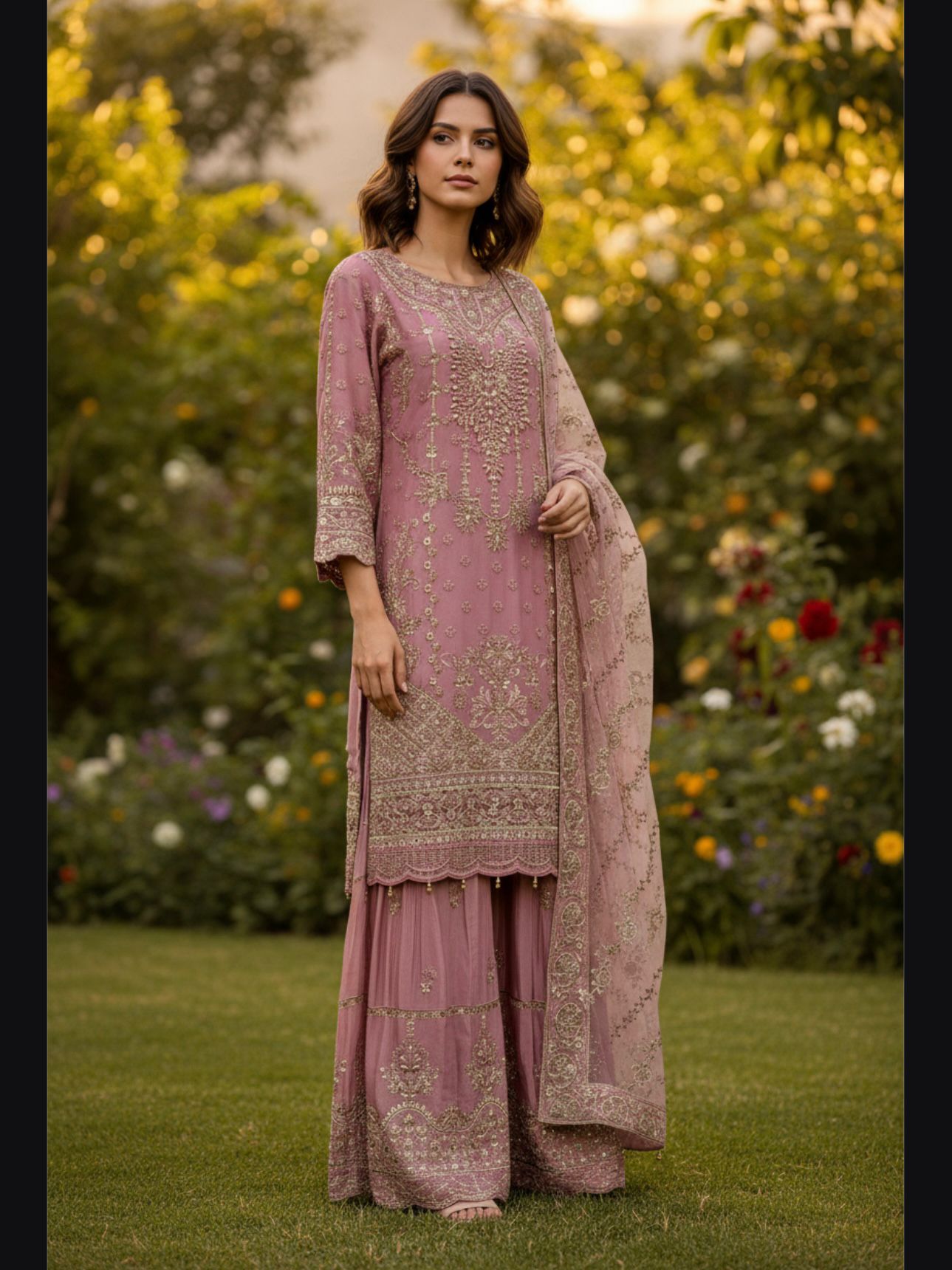 Embroidery Chiffon Kurti/Embrodery Raw silk Sharara with Embroidery Chiffon Dupatta