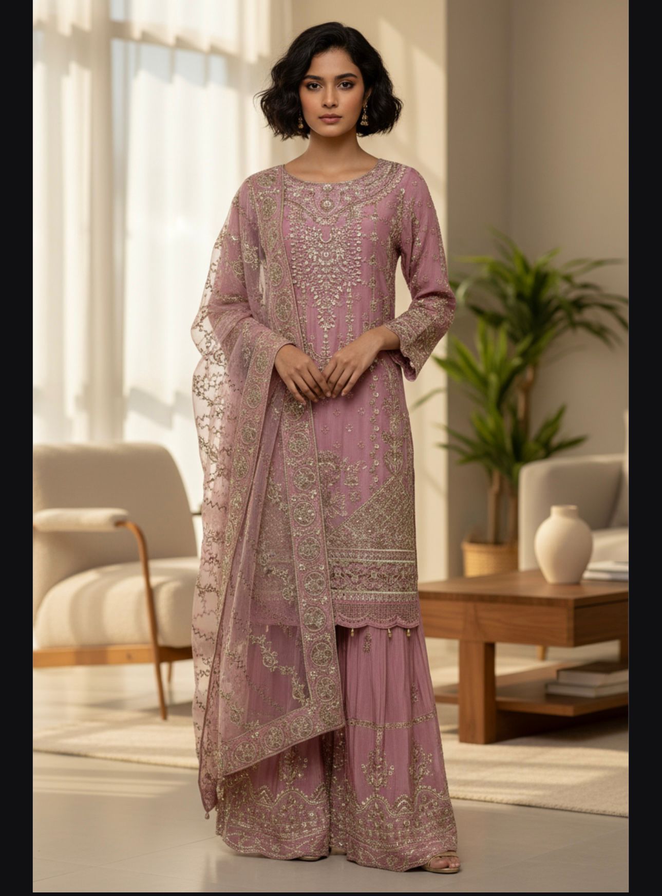Embroidery Chiffon Kurti/Embrodery Raw silk Sharara with Embroidery Chiffon Dupatta
